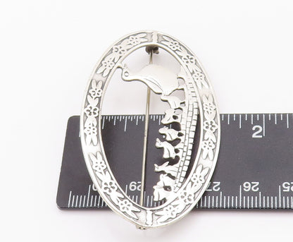 925 Sterling Silver Vintage Brooch Pin Floral Carved Frame Duck Family  BP10359