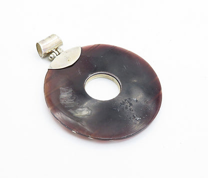 925 Sterling Silver  Brown Agate Striped Open Circle Drop Pendant  PT6093