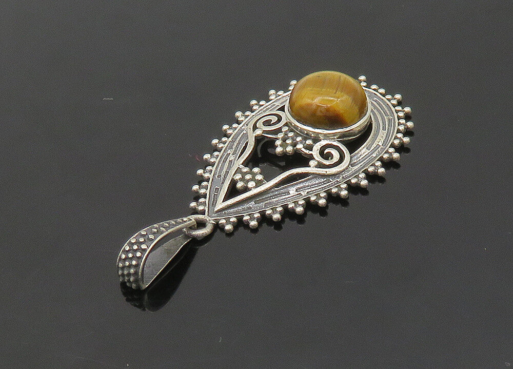 925 Sterling Silver  Vintage Cabochon Cut Tiger's Eye Swirl Pendant  PT17168