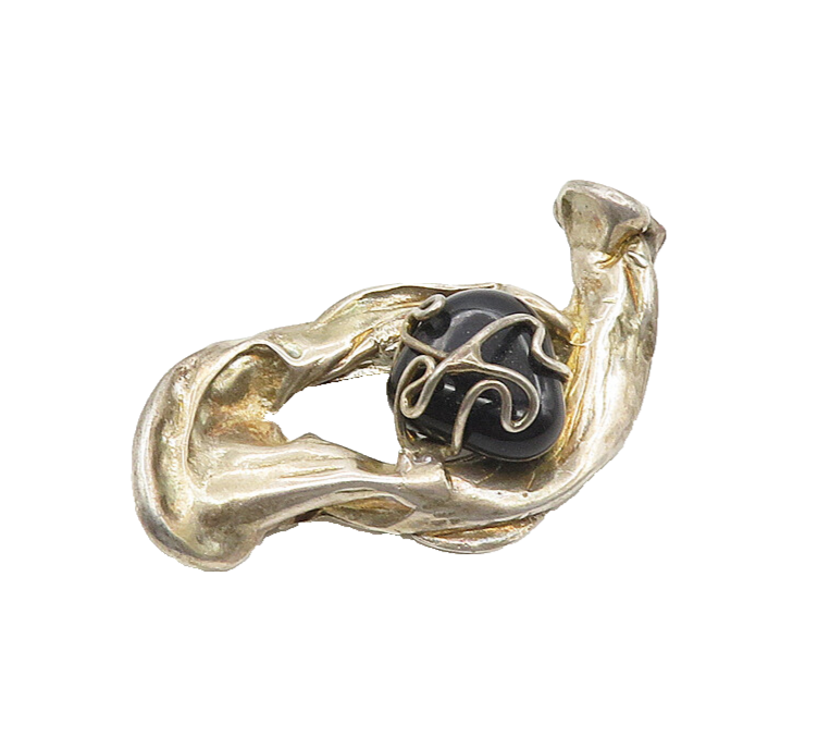 925 Sterling Silver  Vintage Black Onyx Modernist Sculpted Brooch Pin  BP7326