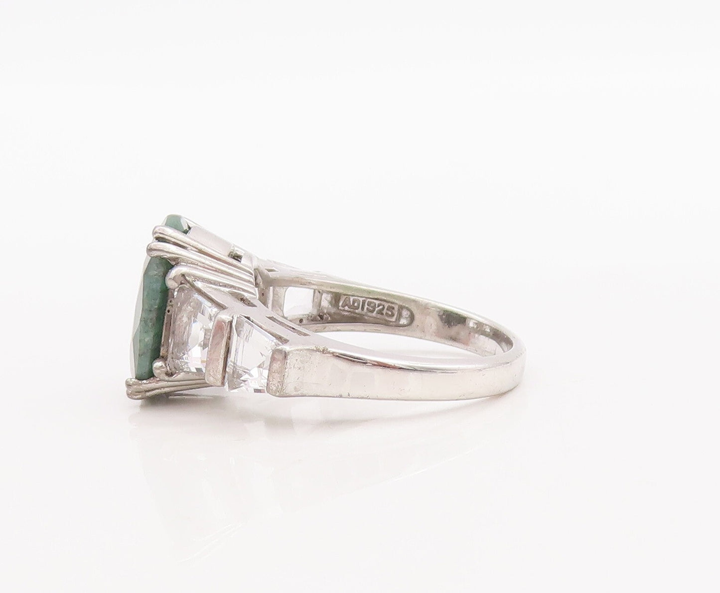 925 Sterling Silver Vintage Ring Green Oval Cut Gemstone & CZ  Sz 7  RG29500
