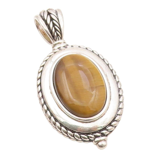 925 Sterling Silver  Vintage Cabochon Cut Tiger's Eye Wheat Pendant  PT17549