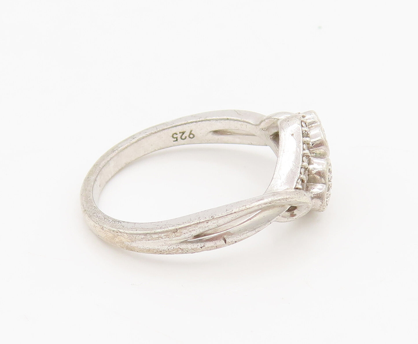 925 Sterling Silver  Vintage Swirly Hearts Inlay Diamonds Ring Sz 7  RG27008
