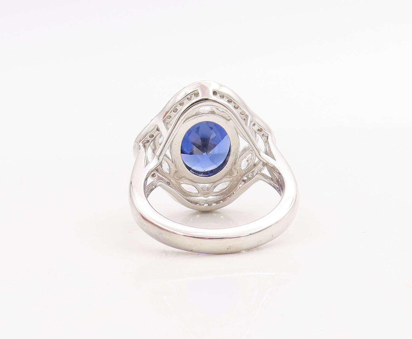 925 Sterling Silver Vintage Ring Oval Sapphire & CZ Floral Inlay Sz 7.5  RG30704