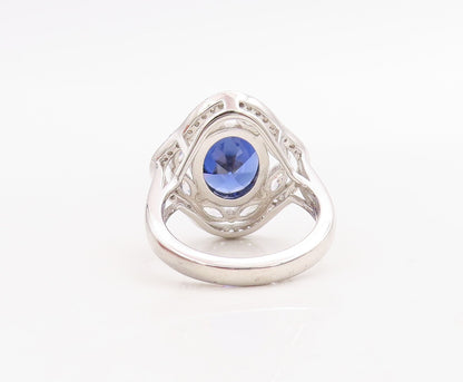 925 Sterling Silver Vintage Ring Oval Sapphire & CZ Floral Inlay Sz 7.5  RG30704