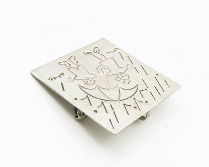 MEXICO 925 Sterling Silver  Vintage People In The Rain Scene Brooch Pin BP3745