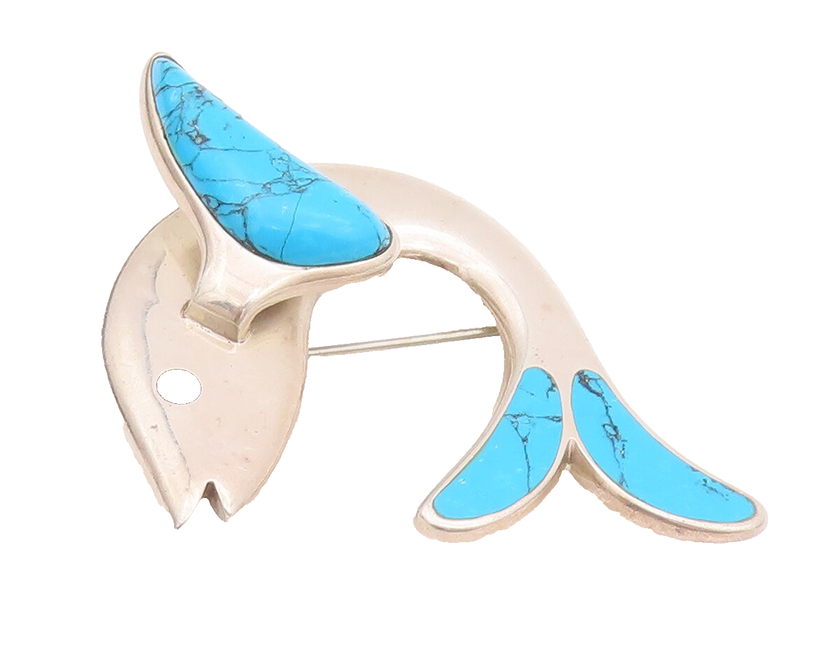 925 Sterling Silver Vintage Brooch Pin MEXICO Diving Turquoise Dolphin  BP10742