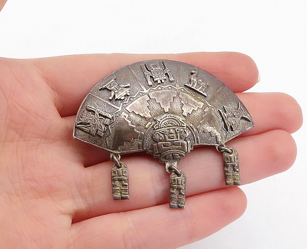 925 Sterling Silver  Vintage Antique Dangling Statues Alpaca Brooch Pin BP2141