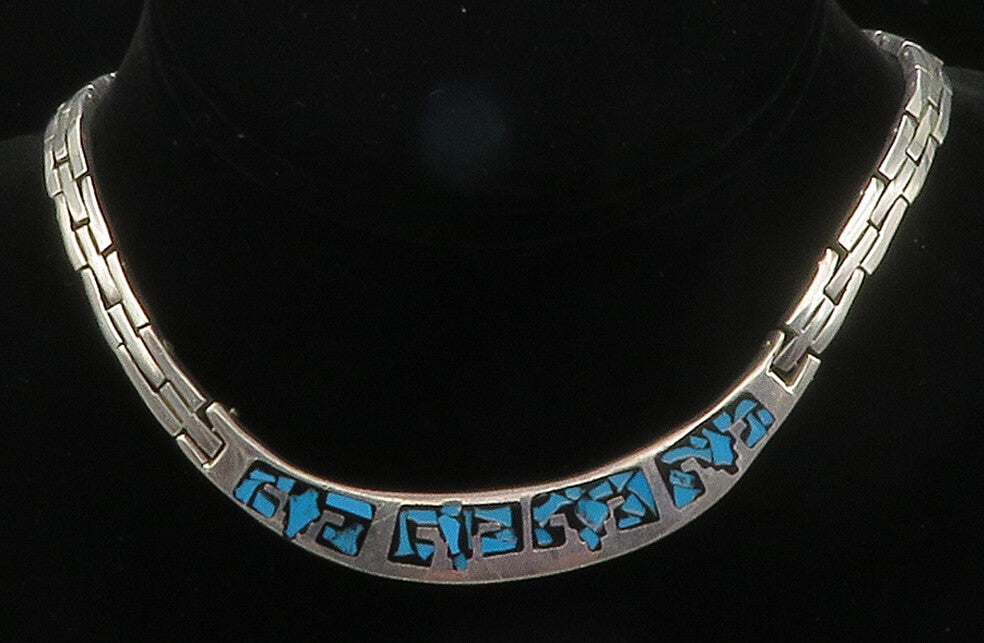 MEXICO 925 Silver  Vintage Inlaid Turquoise Mosaic Hinge Chain Necklace NE2447