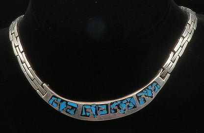 MEXICO 925 Silver  Vintage Inlaid Turquoise Mosaic Hinge Chain Necklace NE2447