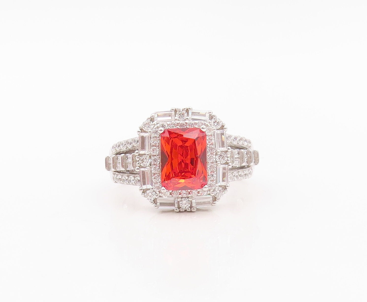 925 Sterling Silver Vintage Ring Rectangle Cut Orange Halo White CZ Sz 7 RG30136