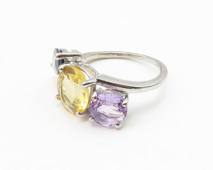 925 Sterling Silver  Amethyst Citrine & Sapphire Shiny Band Ring Sz 7  RG10549