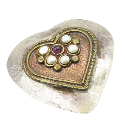 DESIGNER 925 Silver  Vintage Petite Pearls & Garnet Heart Brooch Pin  BP7199