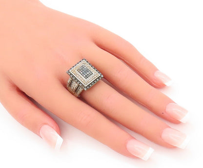 925 Sterling Silver Vintage Ring Rectangle Real Two Tone Diamonds  Sz 8 RG28430