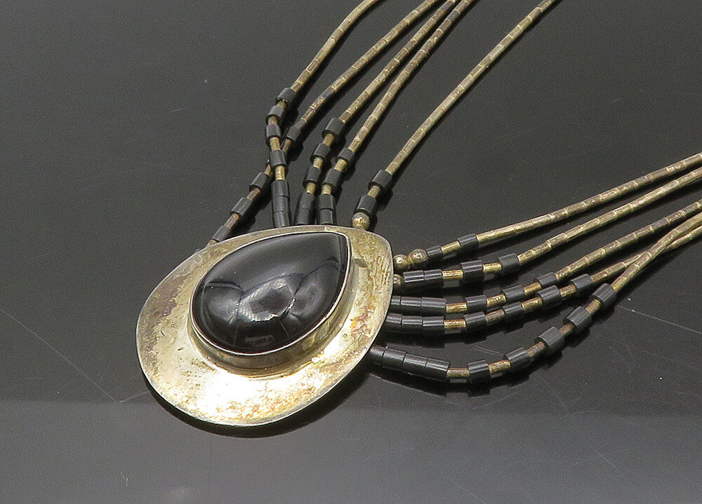NAVAJO 925 Silver  Vintage Black Onyx Liquid Silver Chain Necklace  NE3633