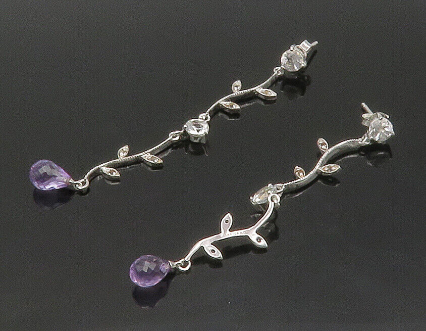 925 Sterling Silver  Amethyst & Topaz Floral Vine Dangle Earrings  EG8670