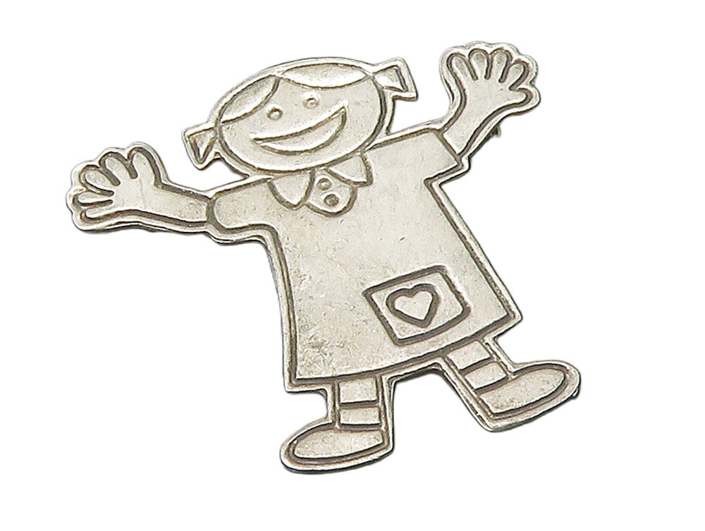 MEXICO 925 Sterling Silver  Vintage Happy Little Girl Heart Brooch Pin  BP6135