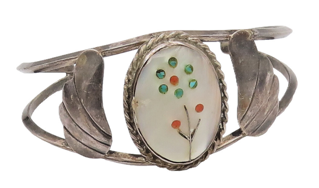 925 Sterling Silver Vintage Bracelet NAVAJO ZUNI Mother Of Pearl Flower  BT10165
