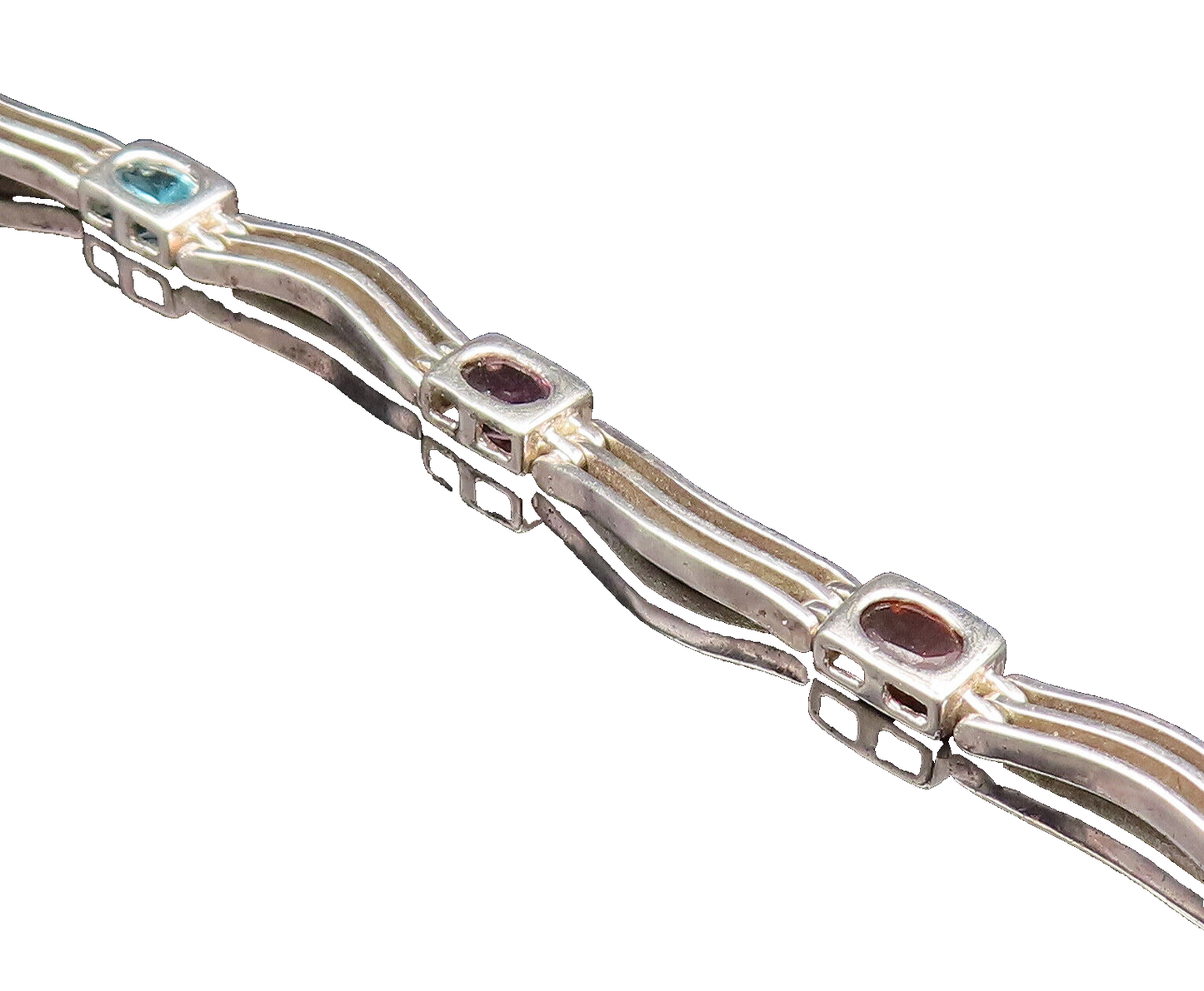 925 Silver  Vintage Peridot Garnet & Gemstones Open Row Link Bracelet  BT9722