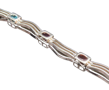 925 Silver  Vintage Peridot Garnet & Gemstones Open Row Link Bracelet  BT9722