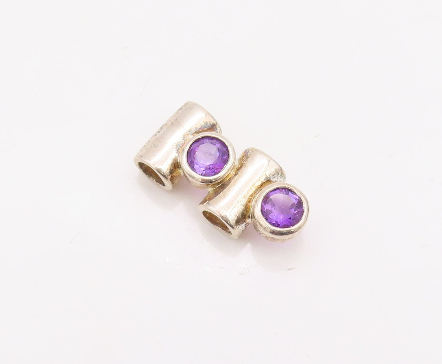 925 Sterling Silver Vintage Pendant Solid Round Cut Amethyst & Cylinders PT23548