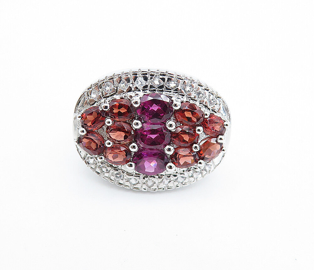 925 Sterling Silver  Red Topaz Cluster Oval Dome Cocktail Ring Sz 6  RG7647