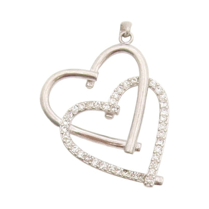 925 Sterling Silver Vintage Pendant Modernist CZ Inlay Double Hearts  PT24171