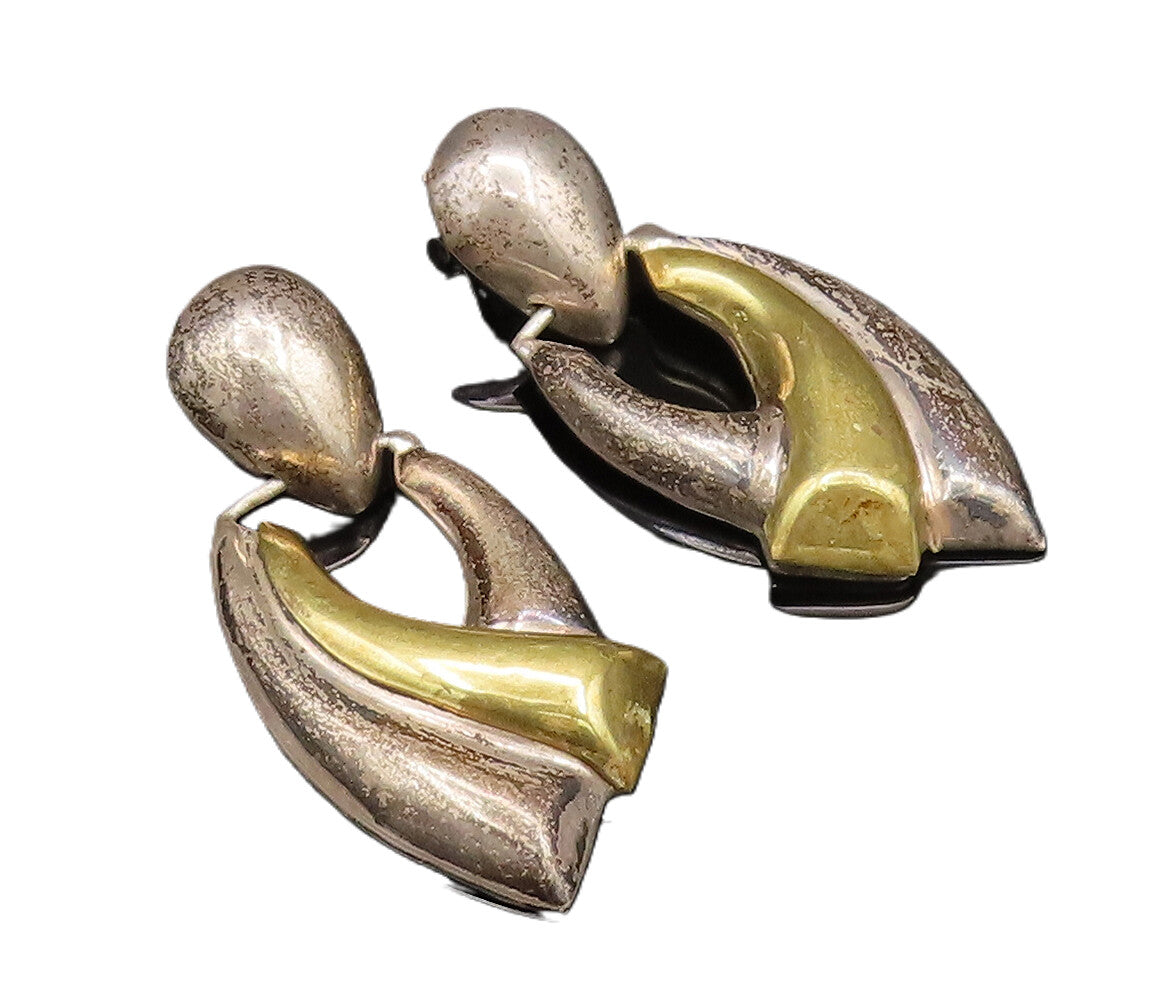 MEXICO 925 Silver  Vintage Two Tone Modernist Bypass Dangle Earrings  EG12201