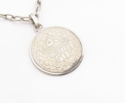 925 Sterling Silver Vintage Bracelet Lebanese Lira Coins Charm Chain  BT11420