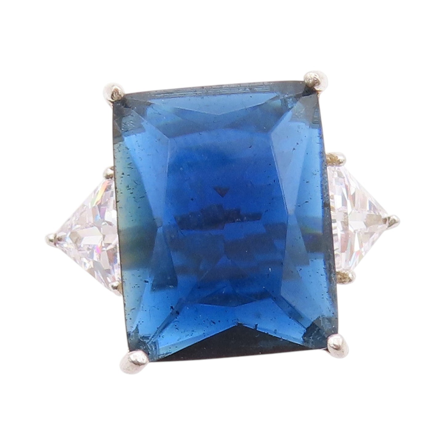 925 Sterling Silver Vintage Ring Rectangle Blue & Triangle Cut CZ  Sz 6  RG33373