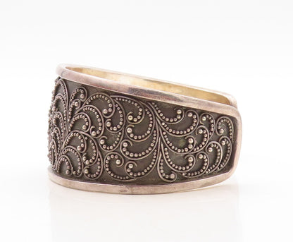 925 Sterling Silver Vintage Bracelet BALI Swirly Beaded Carved Cuff  BT10916