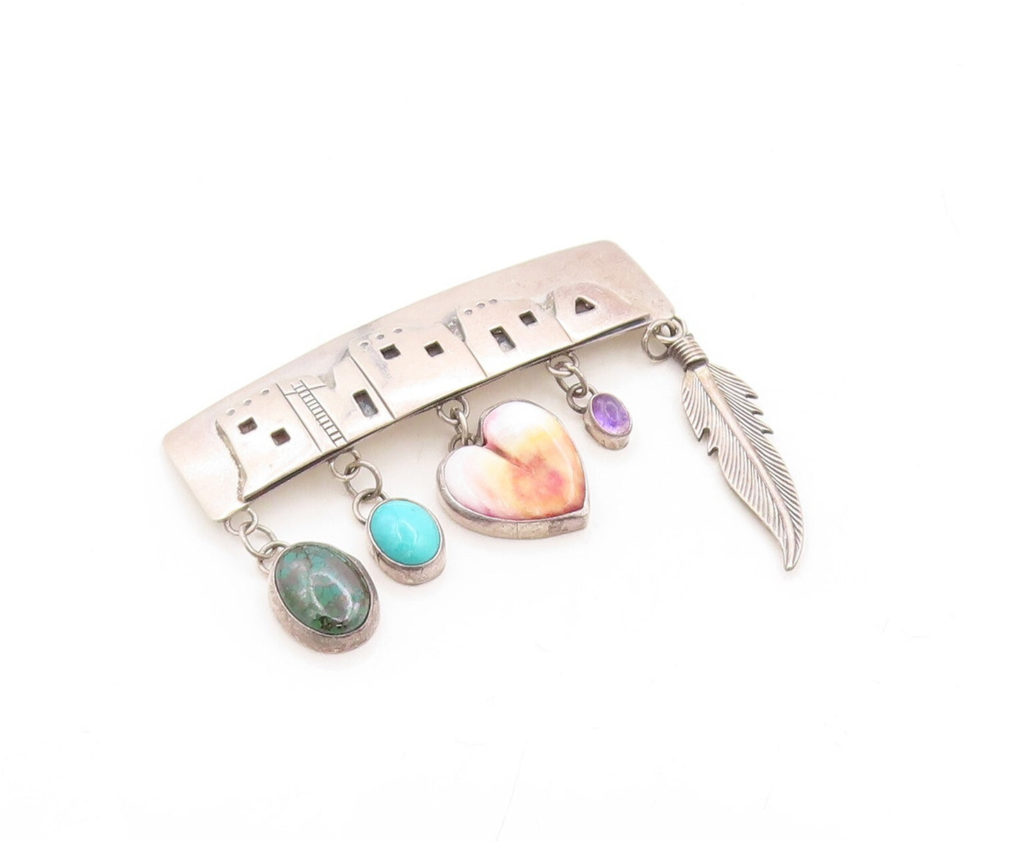 925 Sterling Silver Vintage Brooch Pin NAKAI NAVAJO Gemstone Charm BP11304