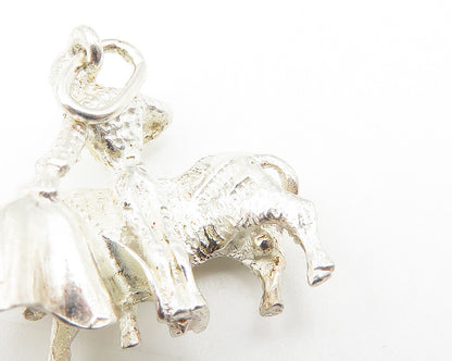 925 Sterling Silver  Vintage Shiny Petite Bull & Rider Drop Pendant  PT8799