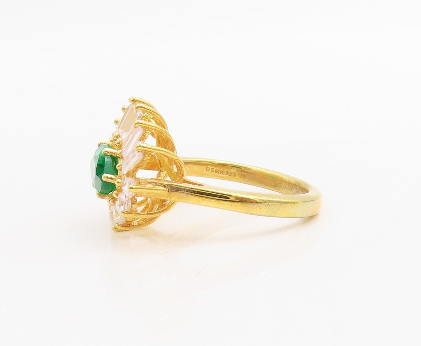925 Sterling Silver Vintage Ring Gold Plated Green & White CZ  Sz 6  RG30954