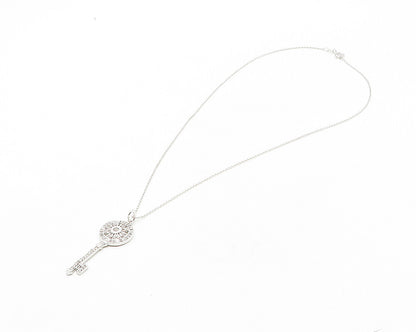 925 Sterling Silver  Genuine Diamonds Floral Key Motif Chain Necklace  NE1892