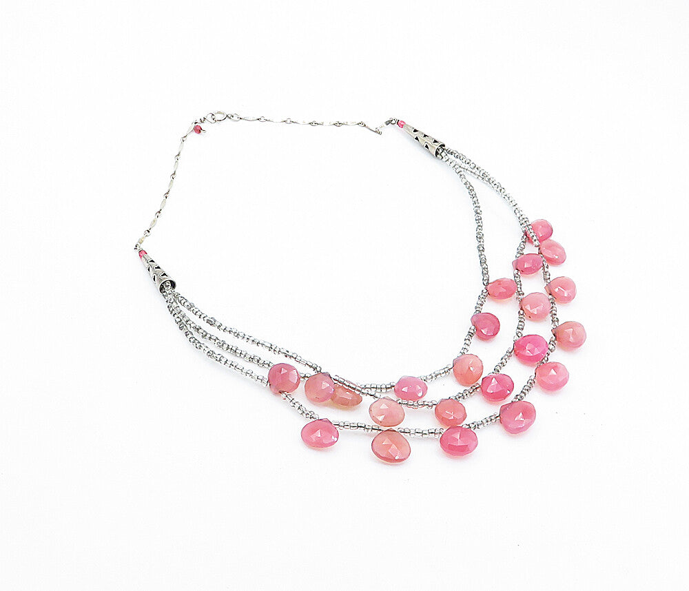 925 Sterling Silver  Vintage Faceted Pink Chalcedony Chain Necklace  NE1161
