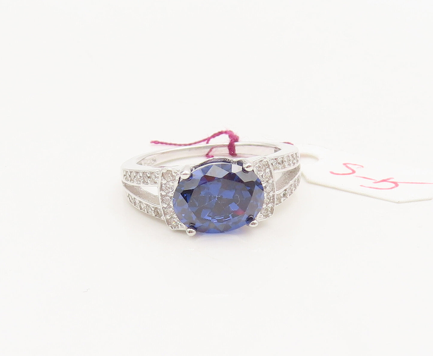 925 Silver  Vintage Minimalist Blue & White CZ Split Neck Ring Sz 5  RG27131