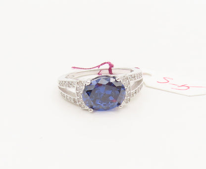 925 Silver  Vintage Minimalist Blue & White CZ Split Neck Ring Sz 5  RG27131