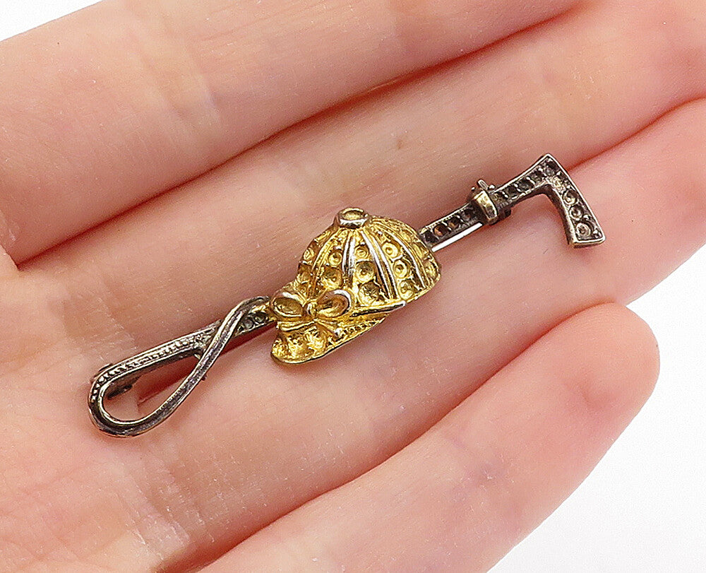 925 Sterling Silver  Vintage Horse Jockey Hat & Whip 2 Tone Brooch Pin  BP2536