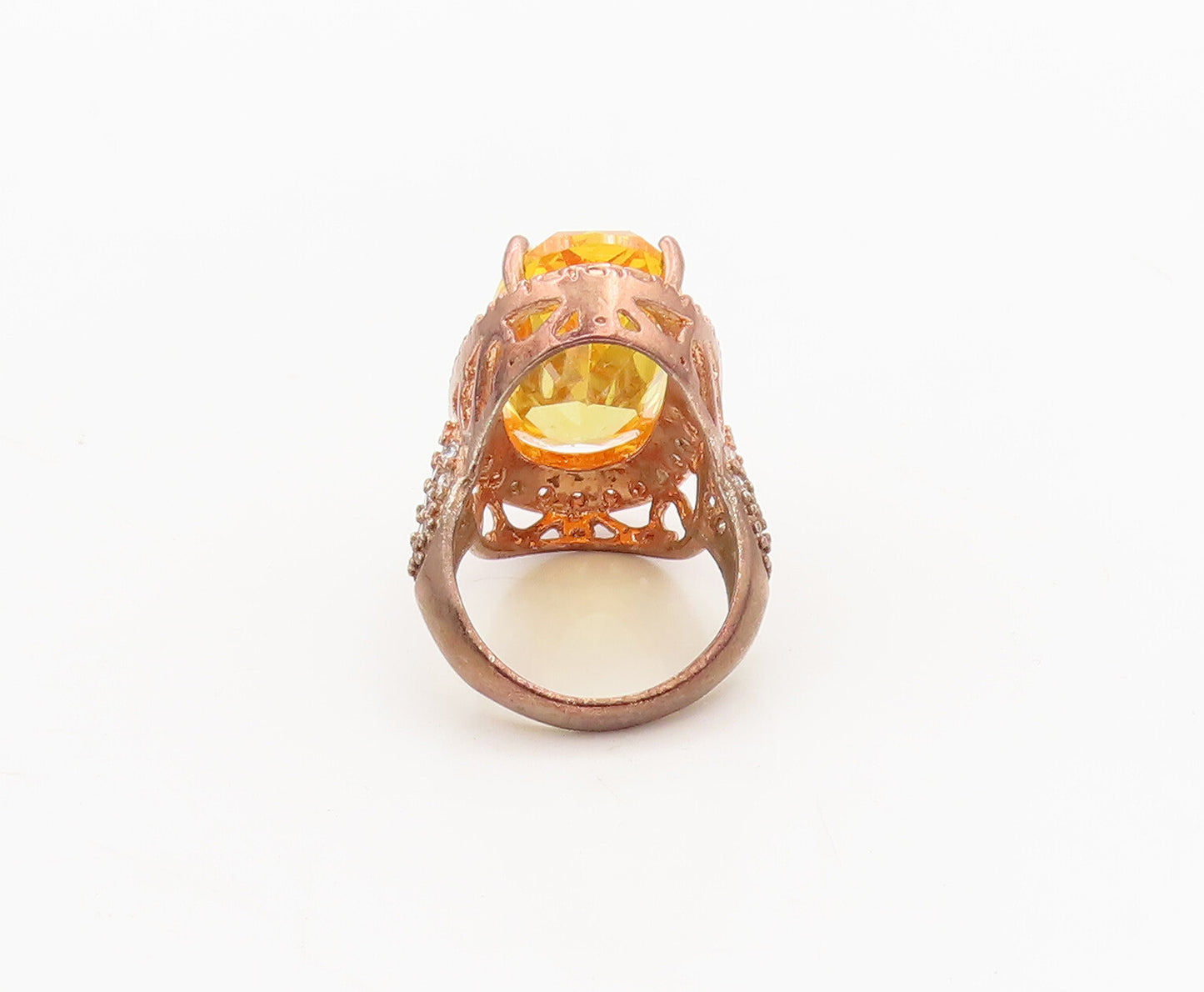 925 Silver  Vintage Rose Gold Oval Citrine Halo CZ Carved Ring Sz 5.75 RG26883