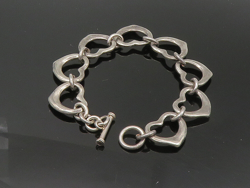 925 Sterling Silver  Vintage Oxidized Open Love Heart Chain Bracelet  BT1303