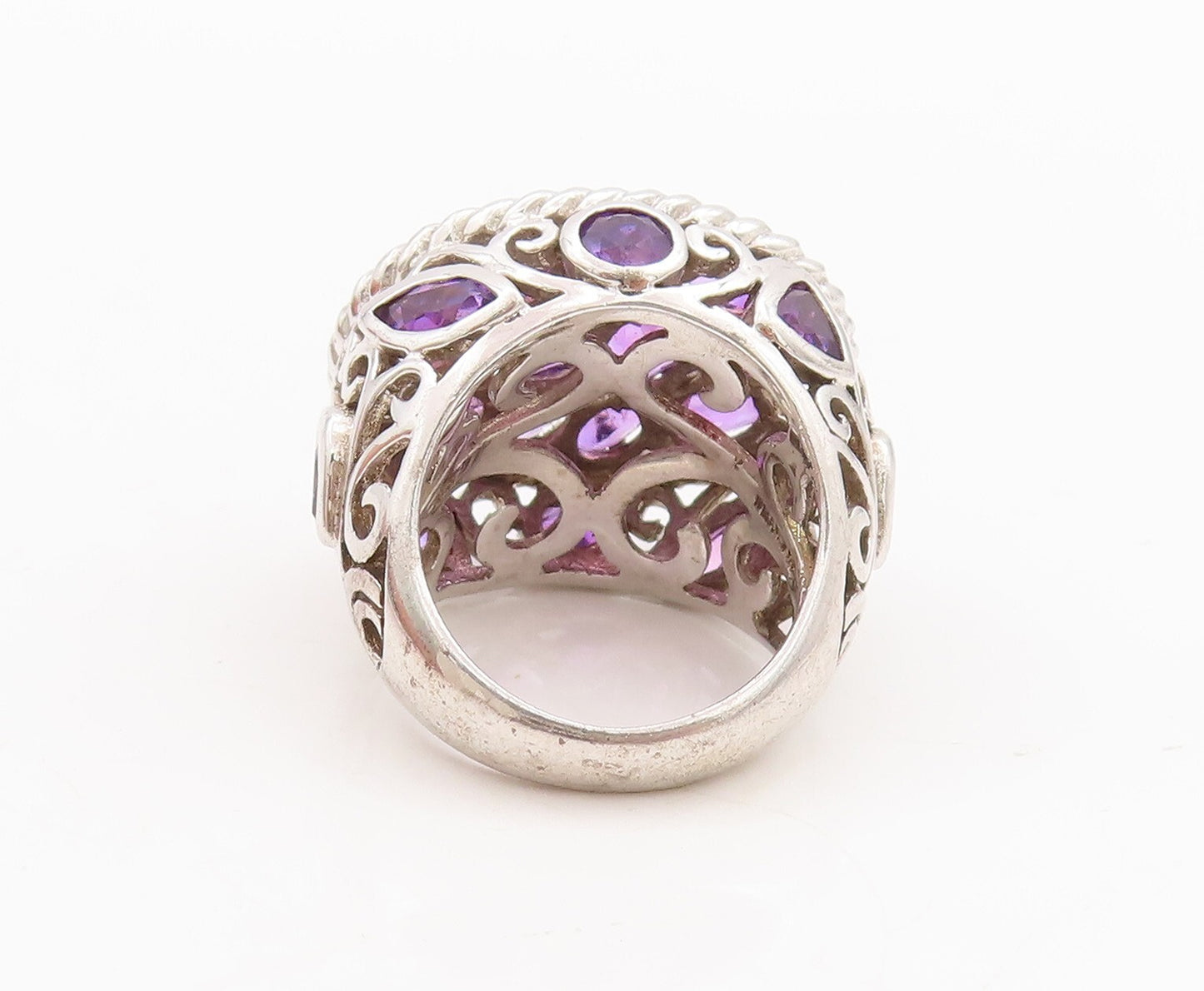 925 Sterling Silver Vintage Ring Large Roped Oval Amethyst Inlay  Sz 5  RG28729