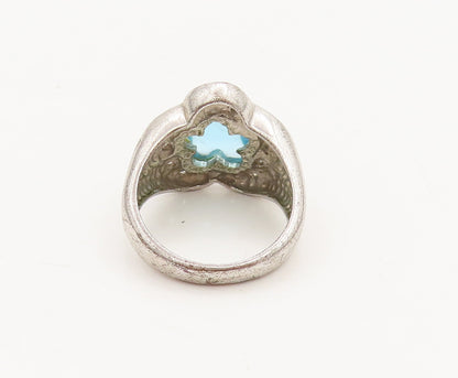 925 Silver  Vintage Aquamarine Floral Cut Halo Diamond Ring Sz 5.75  RG26856