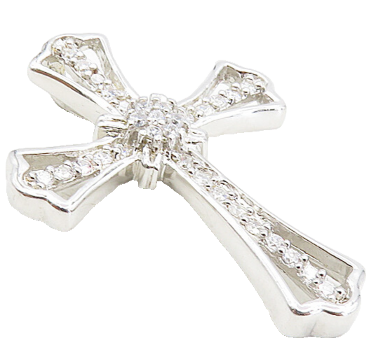 925 Sterling Silver  Shiny White Topaz Floral Religious Cross Pendant  PT6491