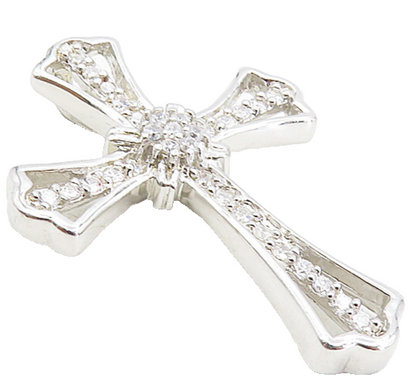925 Sterling Silver  Shiny White Topaz Floral Religious Cross Pendant  PT6491