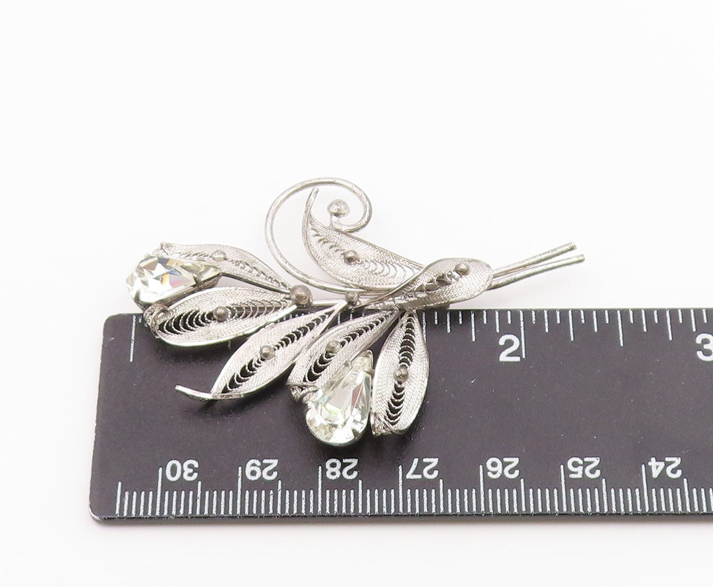 925 Sterling Silver  Vintage Cubic Zirconia Filigree Flower Brooch Pin  BP3004