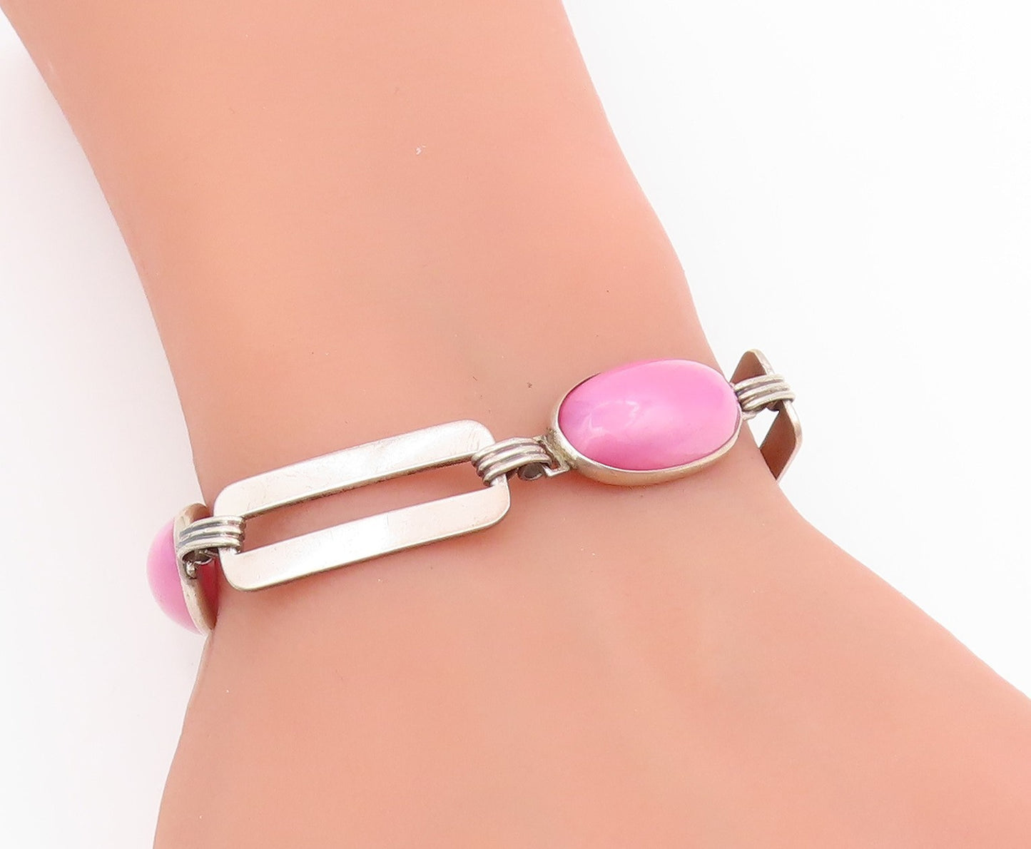 925 Sterling Silver Vintage Bracelet Oval Pink Gemstone Geometric Link  BT11687