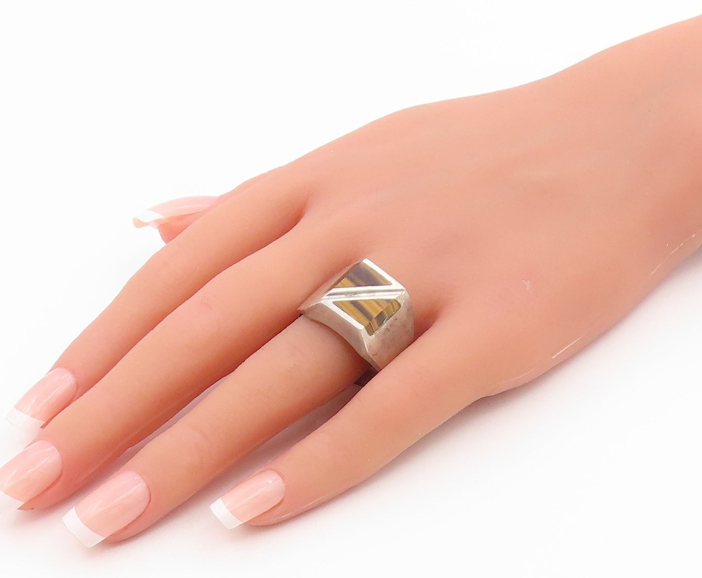 925 Sterling Silver Vintage Ring MEXICO Tiger's Eye Solid Band  Sz 13.5  RG35784