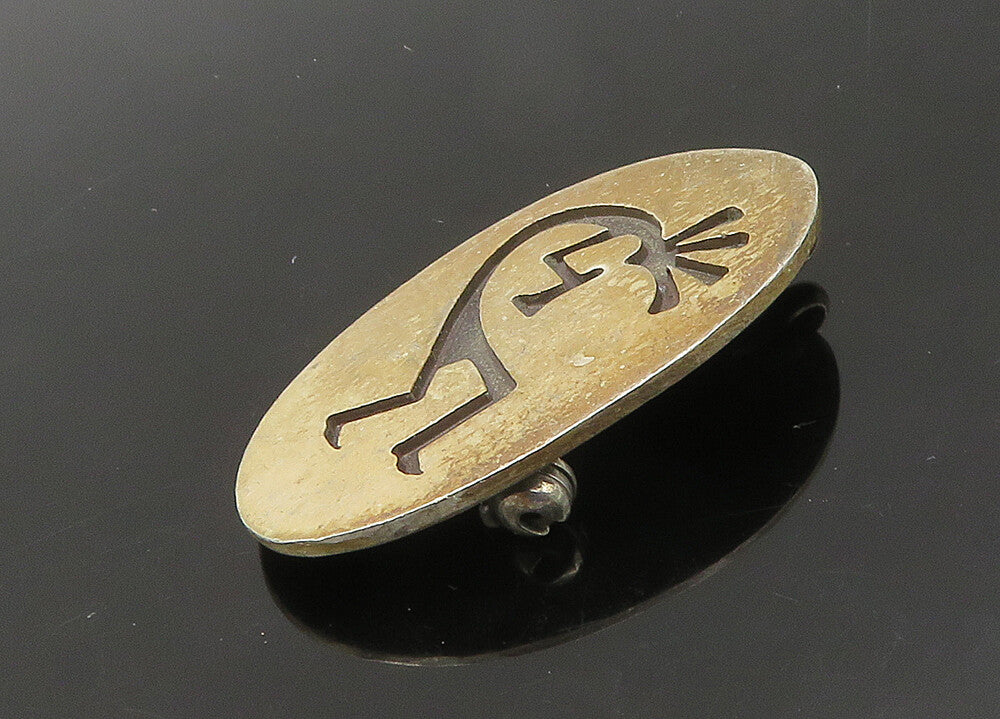 NAVAJO 925 Sterling Silver  Vintage Kokopelli Dancer Oval Brooch Pin  BP8485