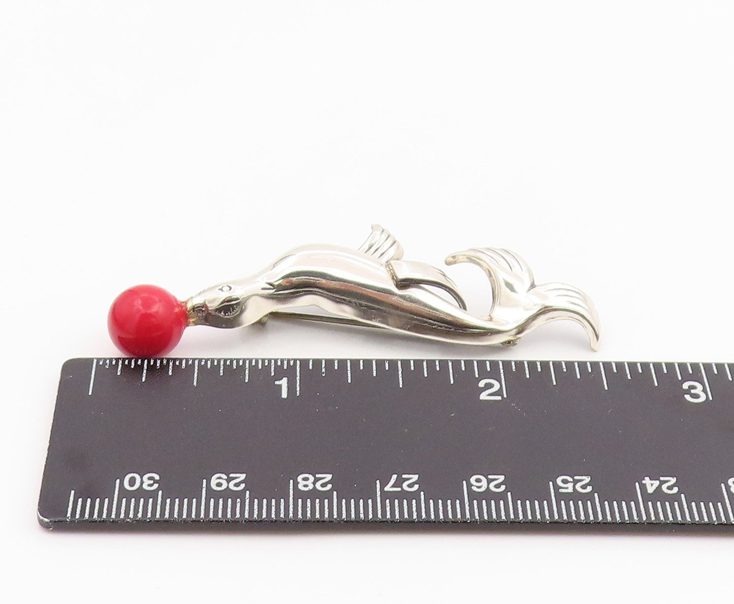 925 Sterling Silver Vintage Brooch Pin LANG Circus Seal With Red Ball  BP12442